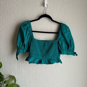 Teal Smocked Puff Sleeve Top